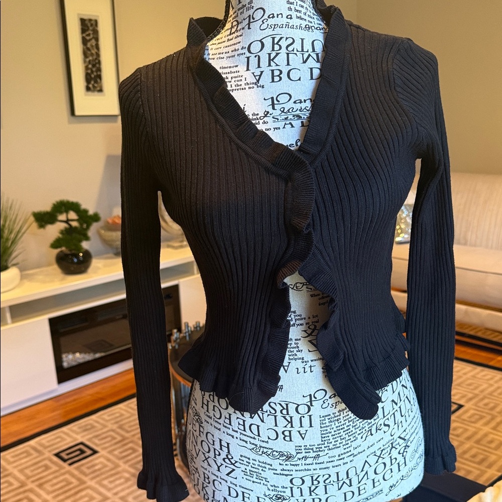 Mable Ribbed Black Ruffle-Trim Cardigan